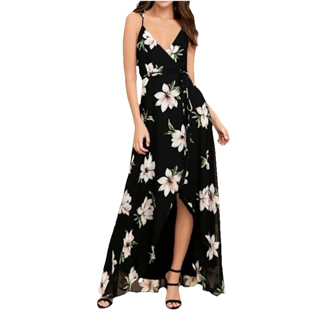 Lulu's All Mine  Black Floral Print High-Low Slit Wrap Maxi Dress‎ Wedding S